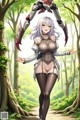 A woman in lingerie holding a giant axe in a forest.