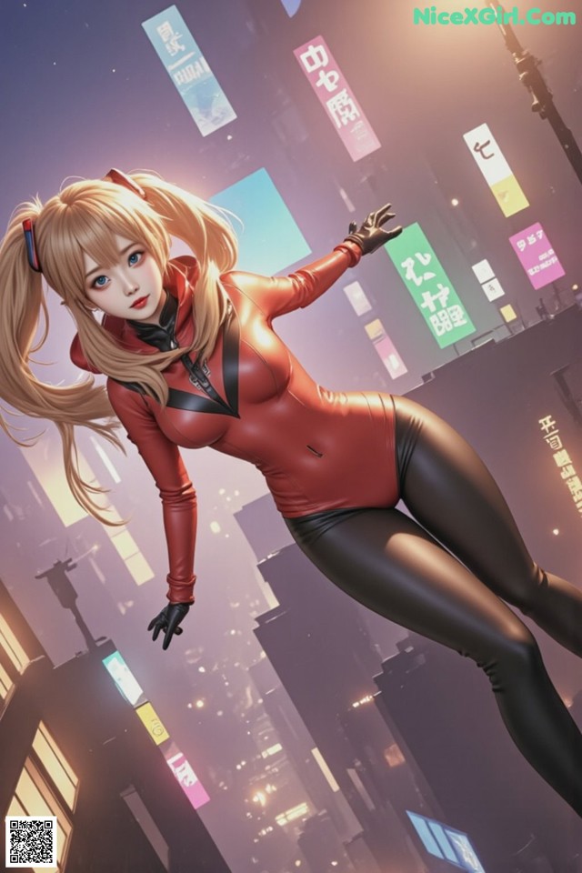 A woman in a red and black outfit flying through the air.