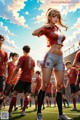 A group of young people standing on top of a soccer field.