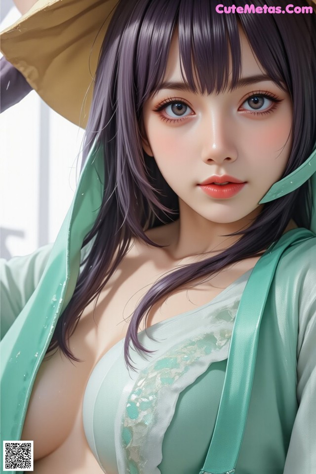 A woman with purple hair wearing a green dress and a hat.