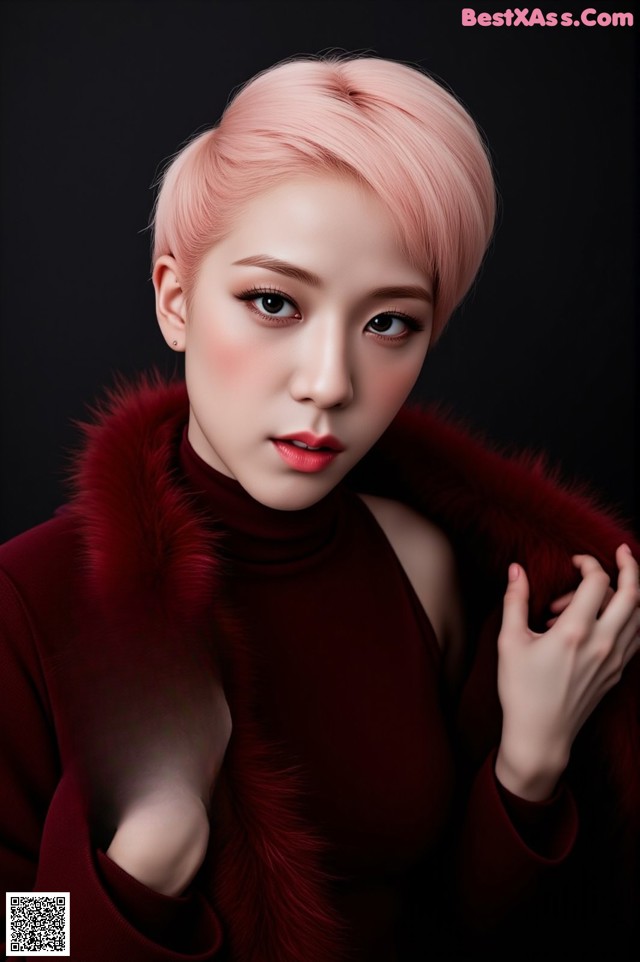 A woman with pink hair wearing a red fur coat.