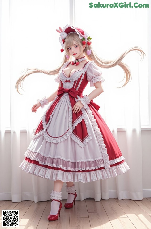 A woman in a red and white dress standing in front of a window.